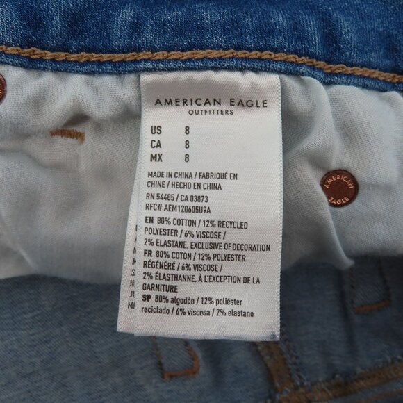 American Eagle Women 8 Midi Blue Jean Denim Shorts Embroidered Flower Distressed - Picture 9 of 12